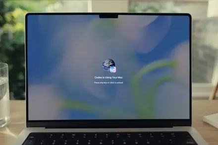 A smartphone displays the OpenAI Codex interface while remotely controlling a locked Mac through the Computer Use plugin.