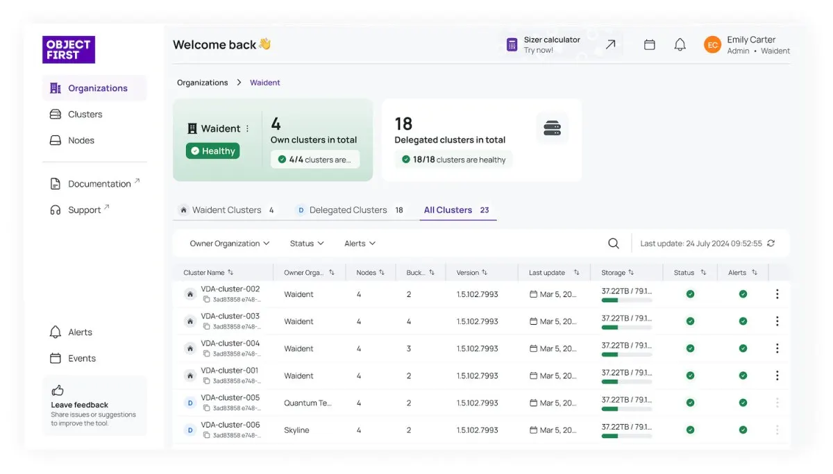 The Fleet Manager dashboard displays distributed backup storage telemetry and multi-tenant management controls.