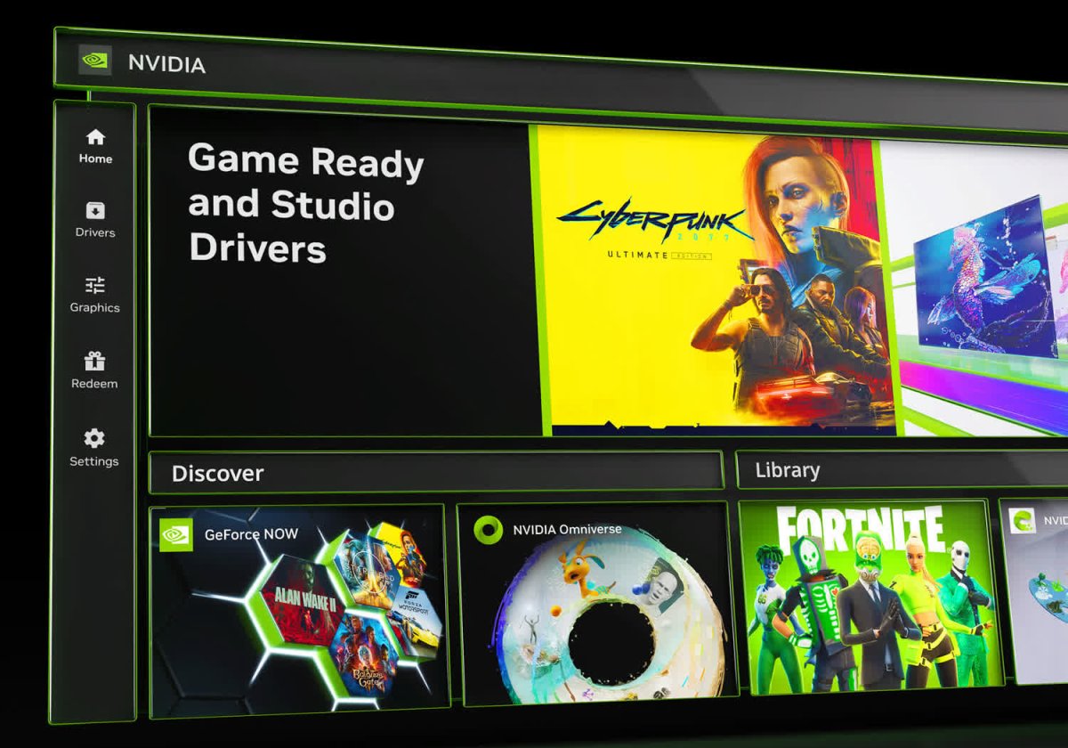 The Nvidia App interface displays monitor tweaks, DLSS overrides, and recording tools.