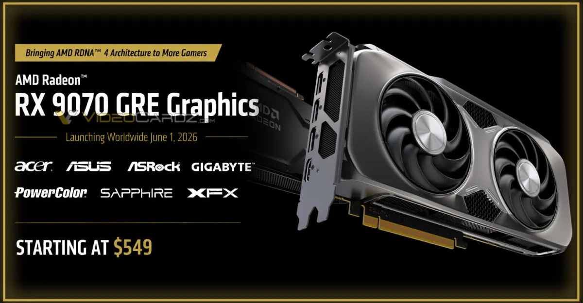 The AMD Radeon RX 9070 GRE graphics card is shown with its proposed global launch pricing details.