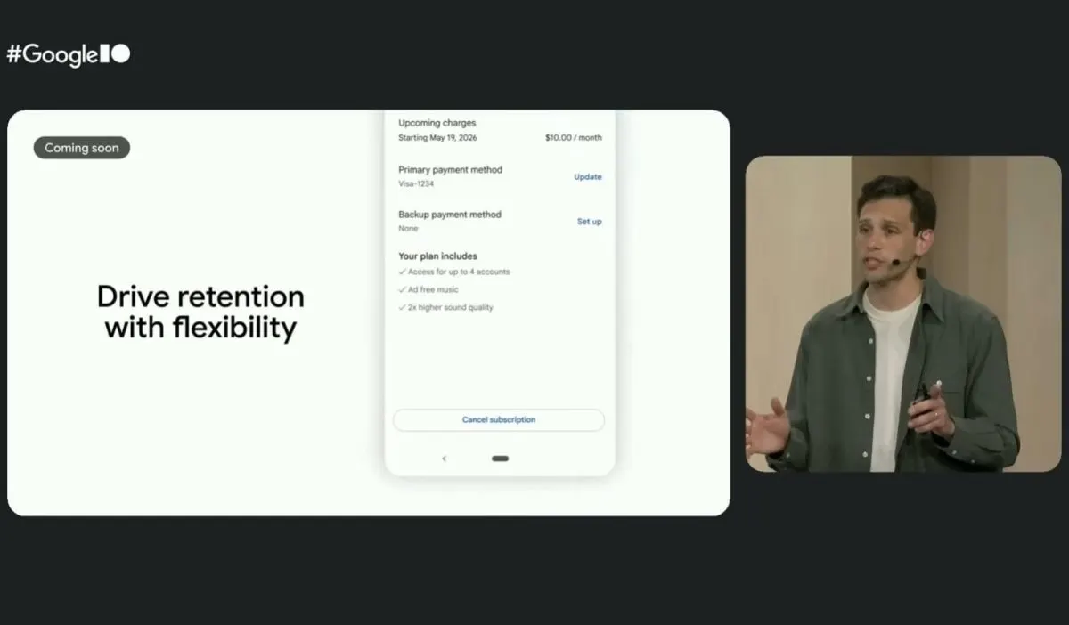 The Google Play Store interface displays flexible subscription downgrade options for Android users.