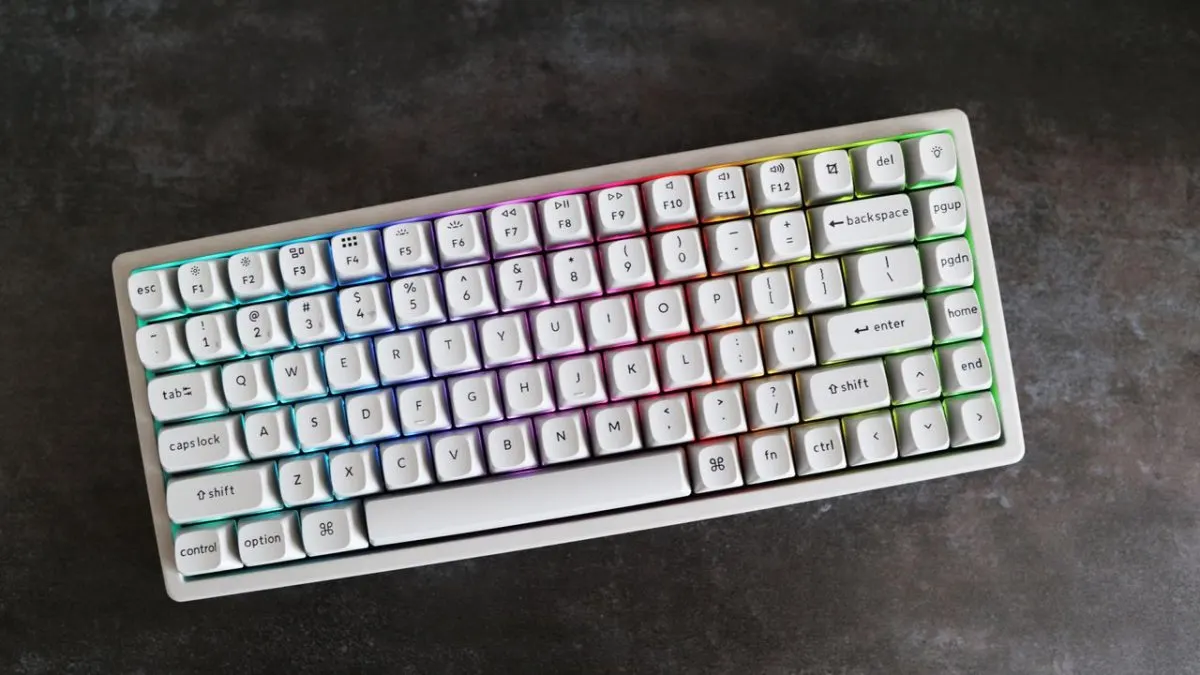 The Keychron K2 HE Concrete Edition keyboard displays its speckled concrete chassis and standard key layout.