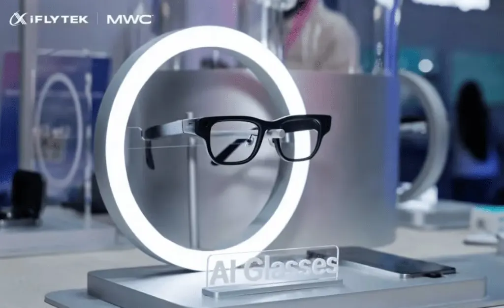 iFlytek forty gram AI glasses featuring real time translation capabilities displayed at MWC 2026.