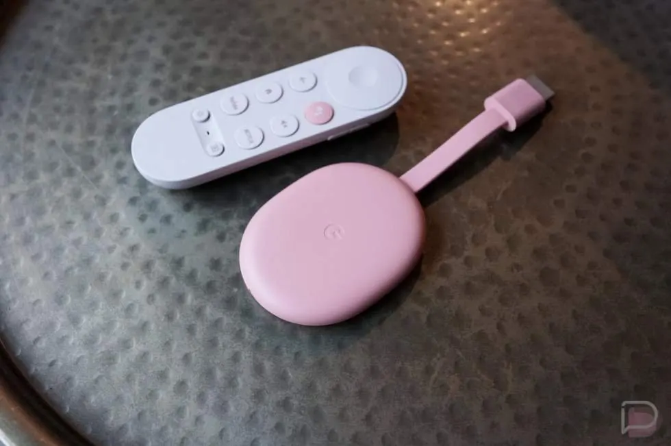 A Google Chromecast streaming device connects to a television HDMI port.