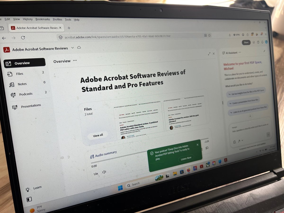 The Adobe Acrobat Studio interface displays AI document analysis features.