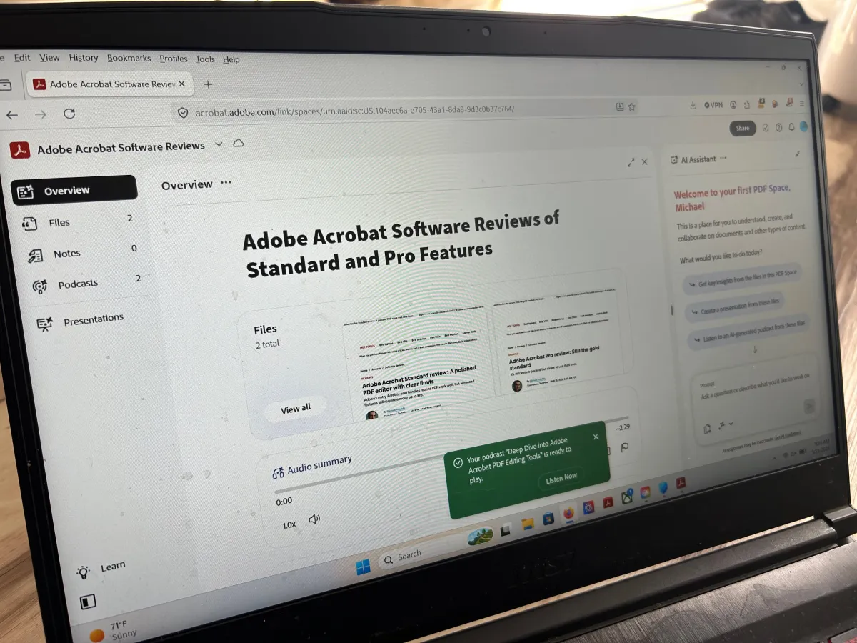 The Adobe Acrobat Studio interface displays AI document analysis features.