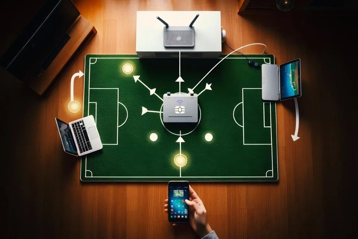 Smartphone and home router displaying active internet connection for streaming live sports.
