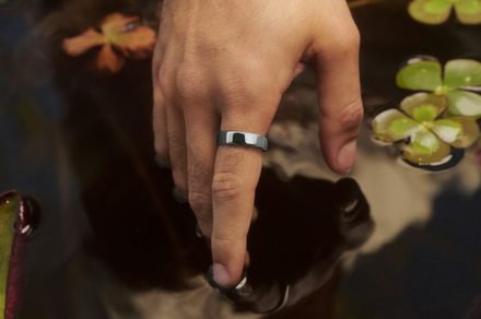 The titanium Oura Ring 5 smart ring sits beside its aluminum charging case.