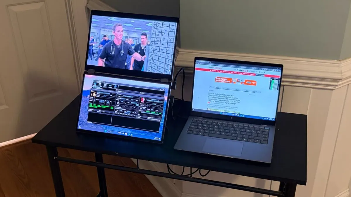 Asus ZenScreen Duo OLED portable monitor with two 14-inch OLED panels in open position