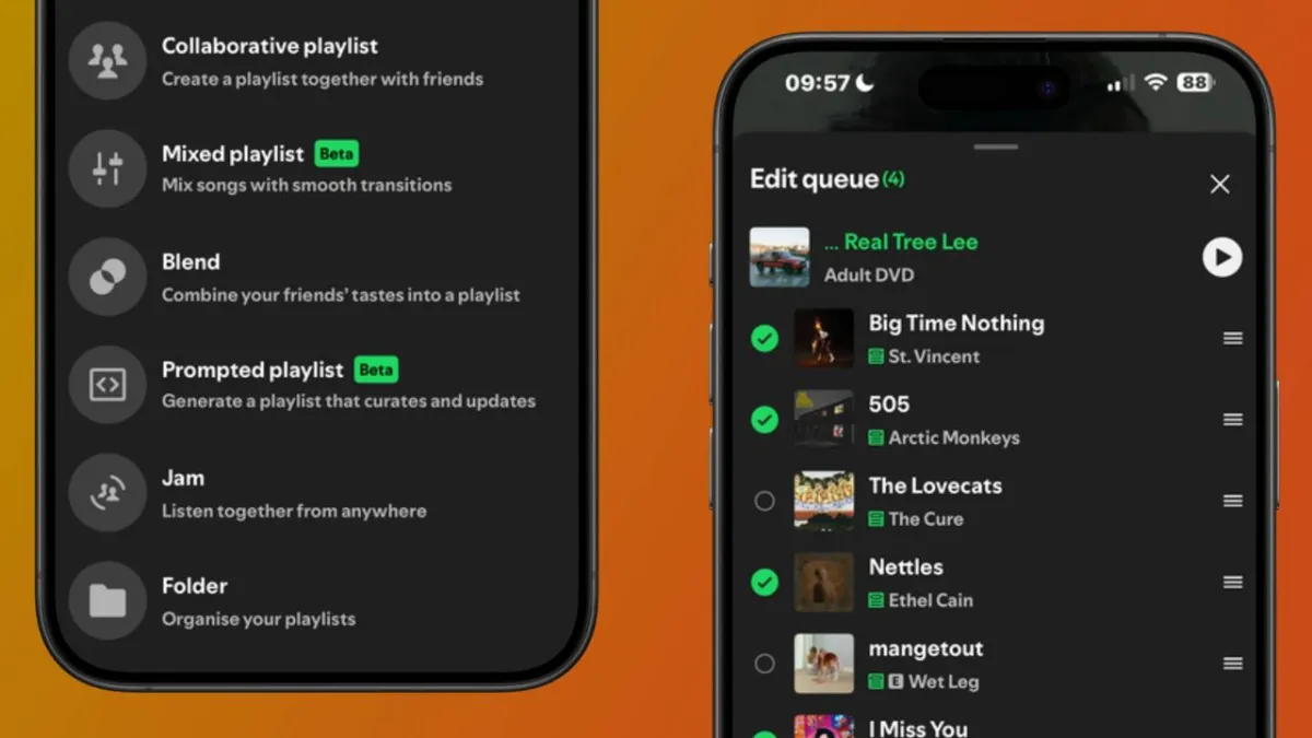 The Spotify app interface displays updated queue management tools and offline listening settings.