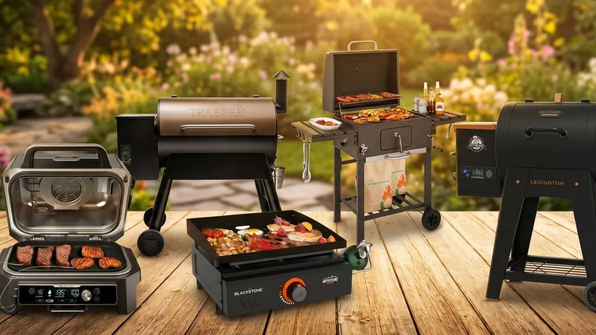 Various charcoal and gas grills are displayed for Memorial Day sales.