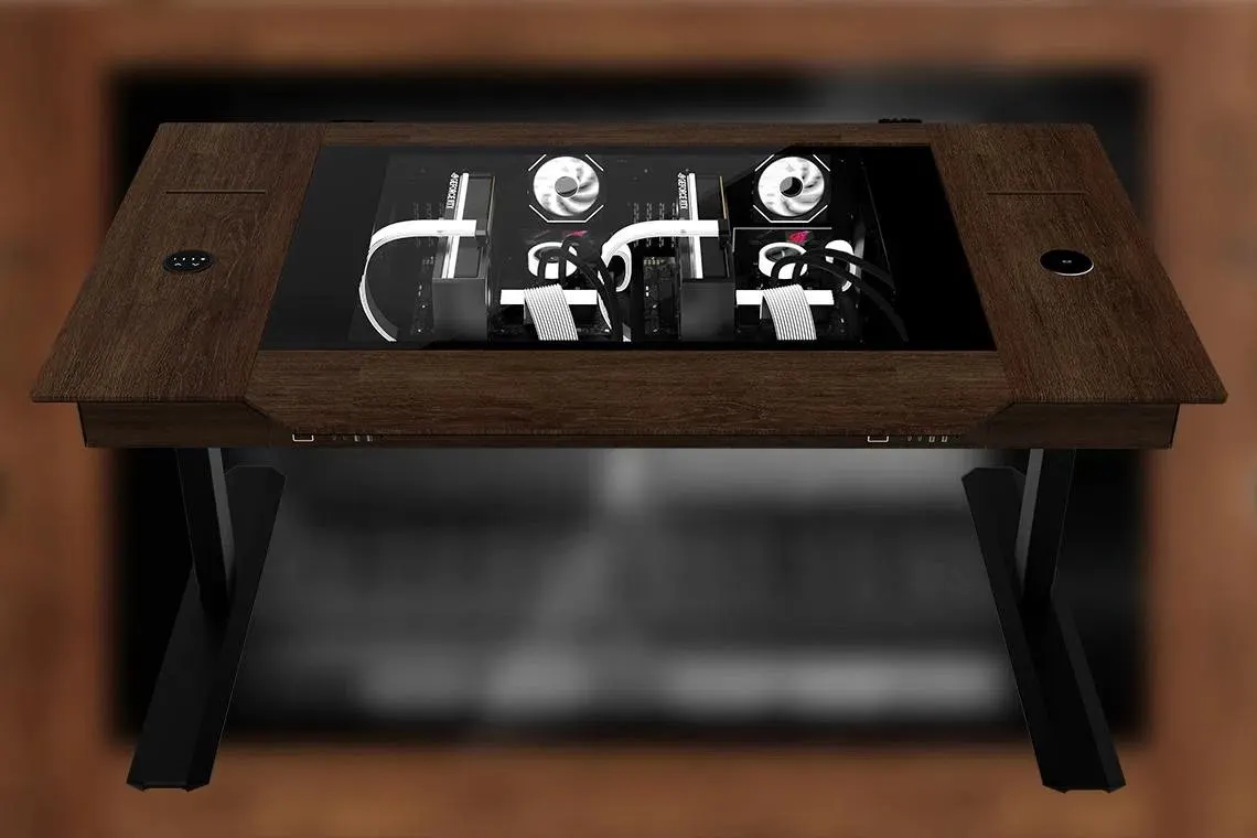 Lian Li DK-07 Wood chassis with a walnut finish and dual system desk mount