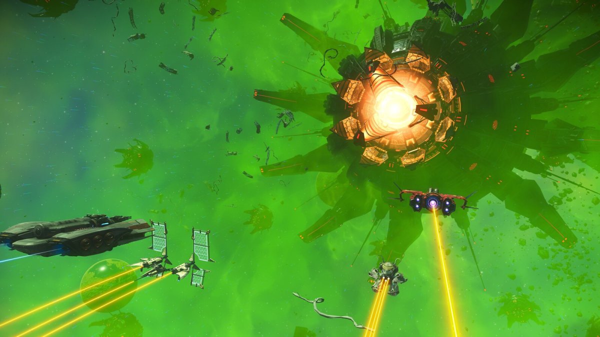 This artwork depicts the Hive of Glass threat in No Man's Sky requiring coordinated server-wide defense.