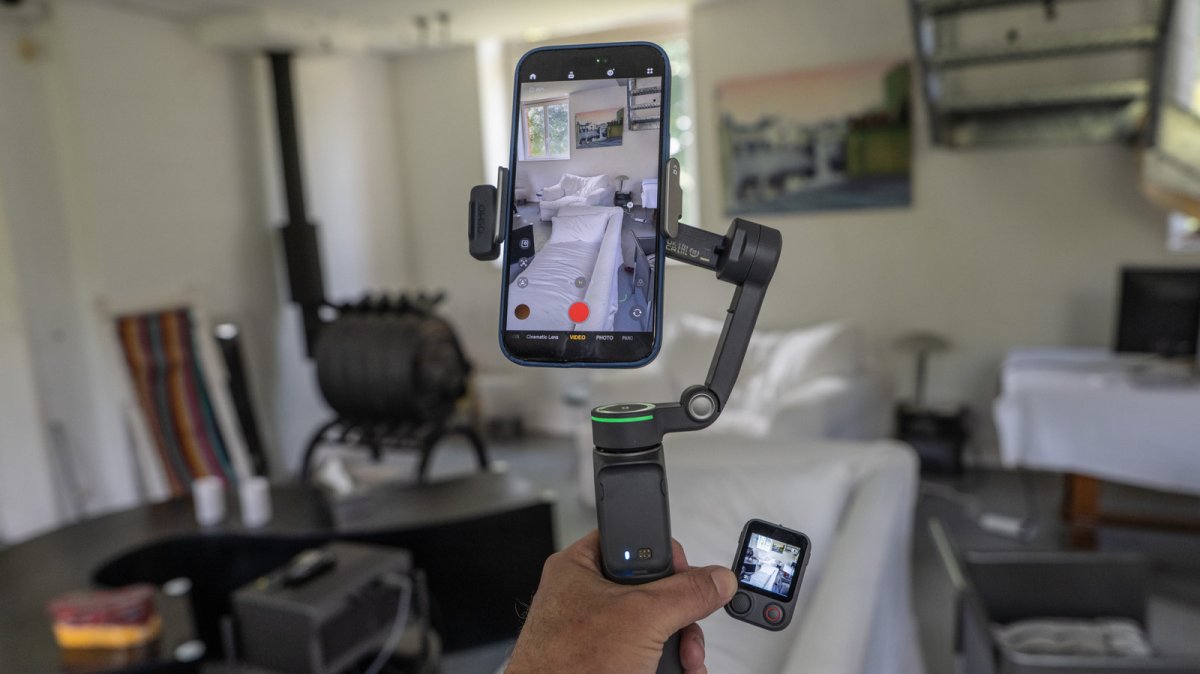 The DJI Osmo Mobile 8P gimbal is shown with its detachable Frametap remote and integrated display.