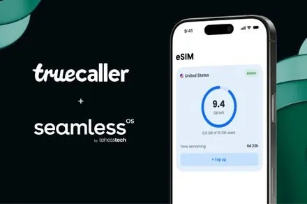 The Truecaller Travel eSIM interface displays global mobile data coverage options across 29 international markets.