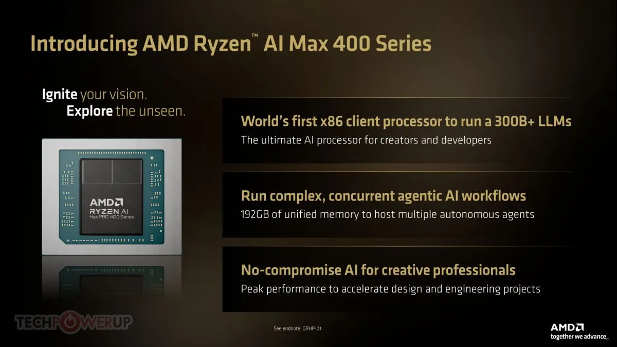 The AMD Ryzen AI Max 400 series processor features upgraded memory capabilities for AI platforms.