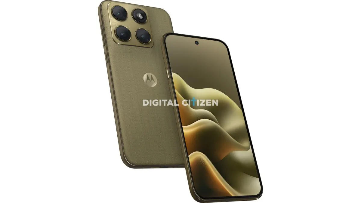 Leaked Motorola Edge 2026 render showing a champagne gold finish, triple rear camera, woven back panel, and flat display.