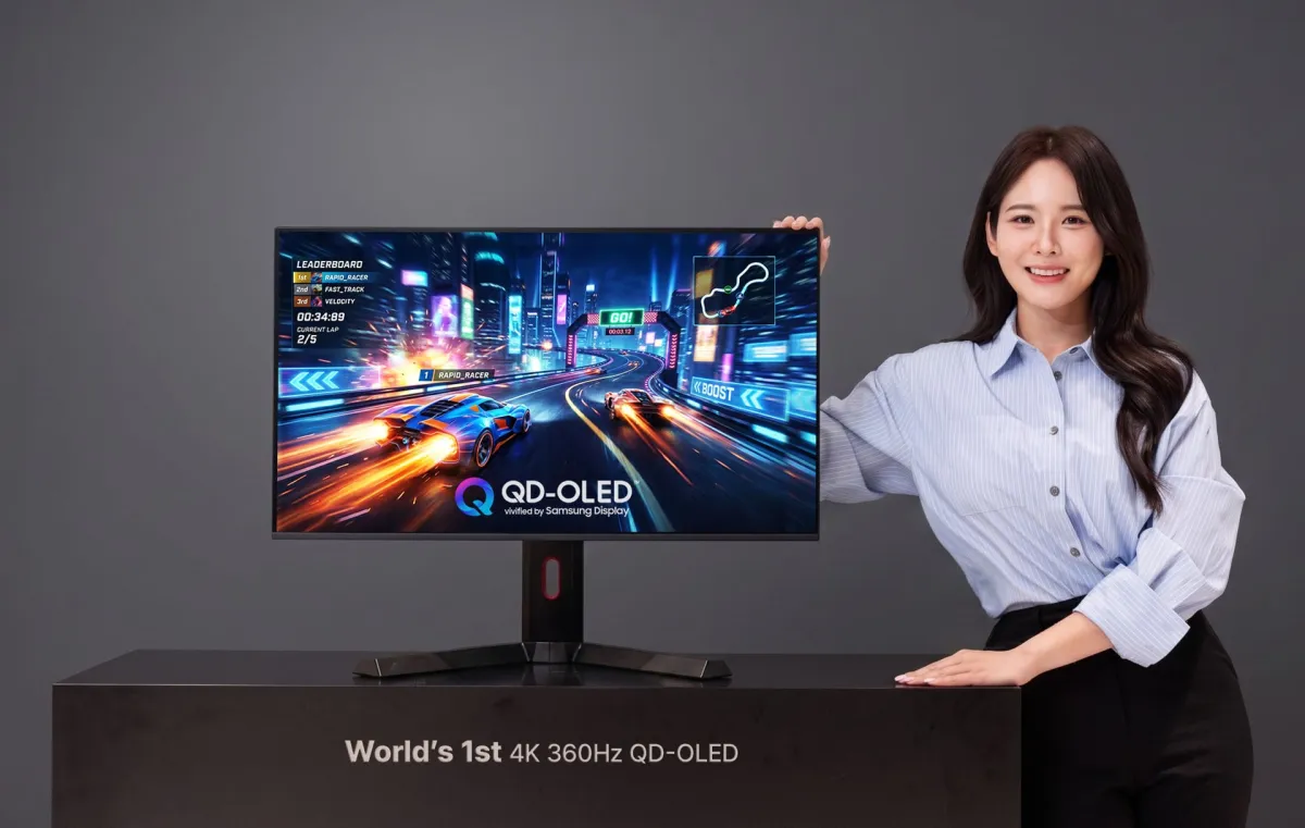 Samsung QD-OLED panel demonstrating 4K resolution and 360Hz refresh rate specifications.