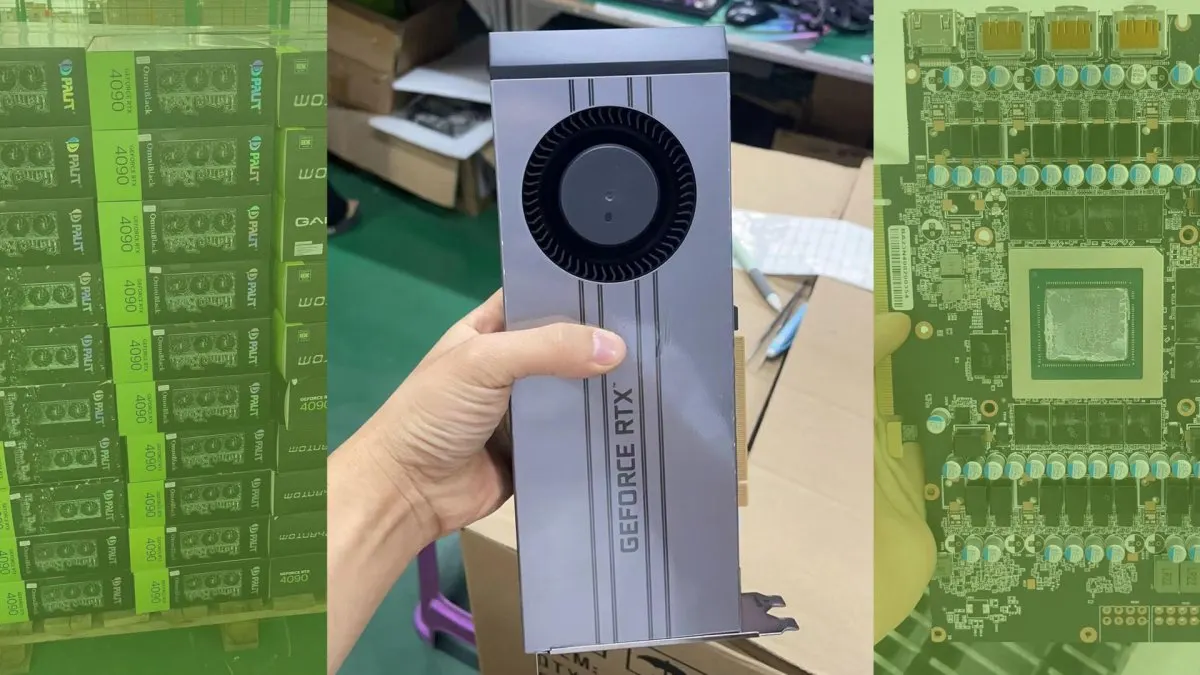 Modified Nvidia RTX 4090 graphics cards are mounted on generic circuit boards with blower cooling for AI servers.