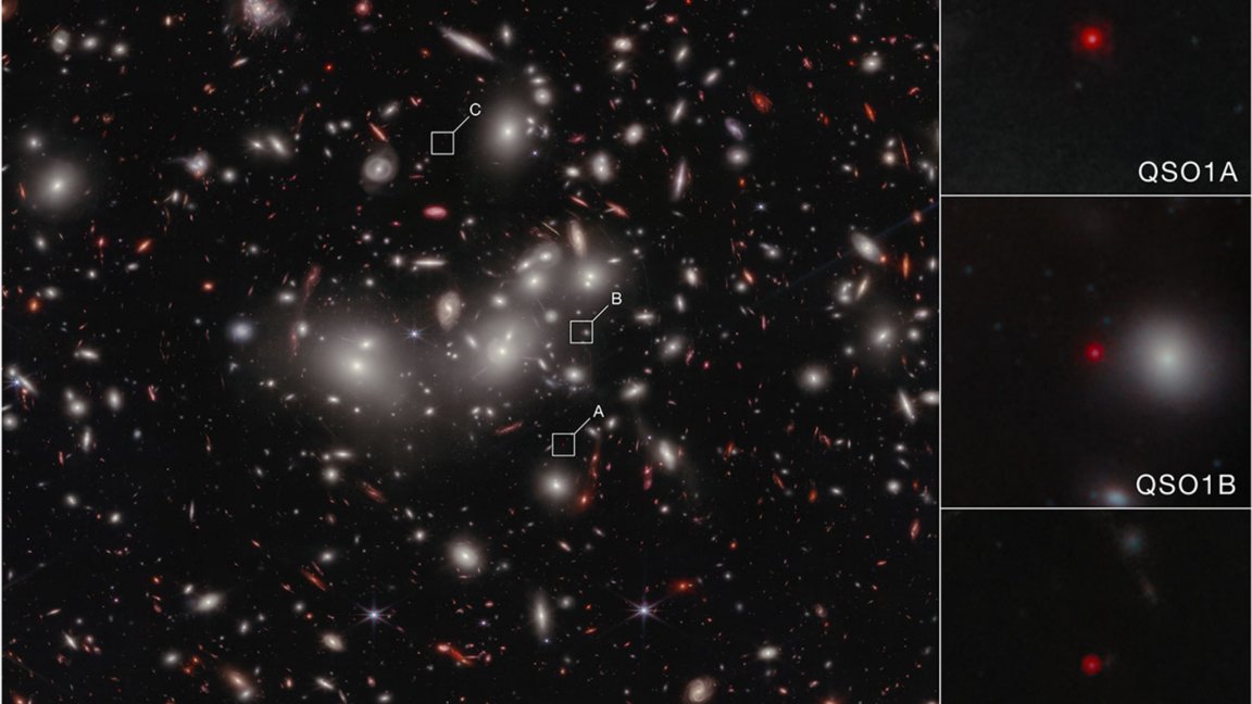 Gravitational lensing magnifies a distant little red dot confirmed as a naked supermassive black hole.