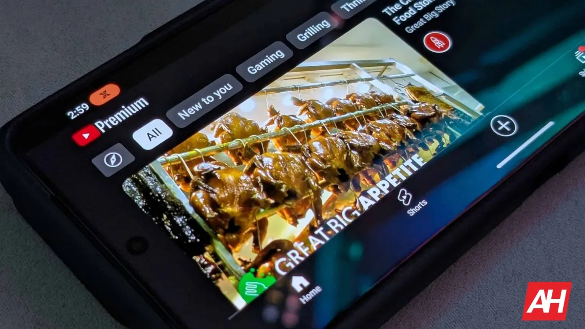 A smartphone screen displays the YouTube Premium interface highlighting new Android audio playback features.