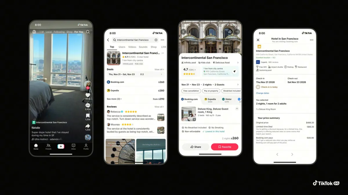 TikTok GO travel booking interface displaying hotel and tour reservation options