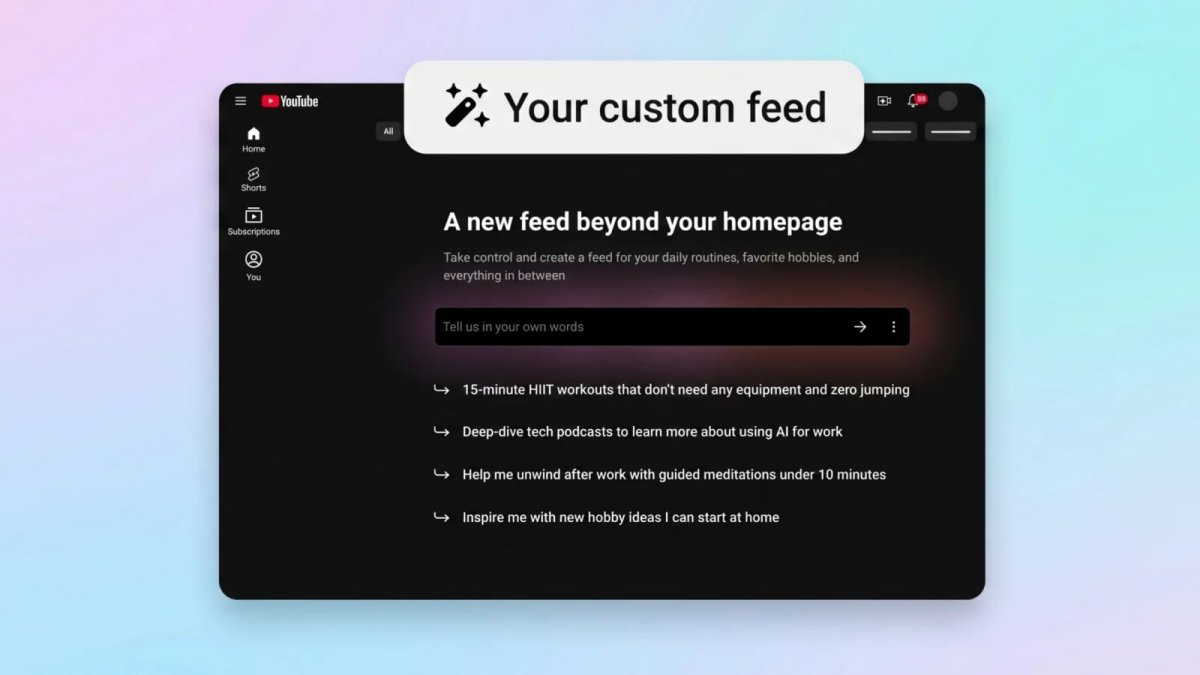 The interface displays a text input field for generating a personalized YouTube video feed.