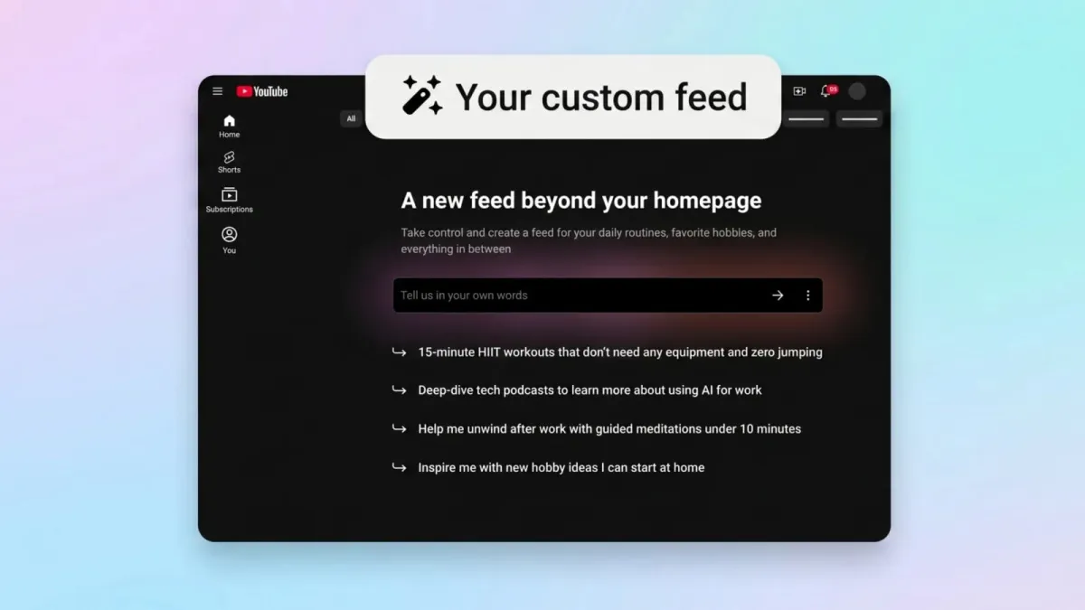 The interface displays a text input field for generating a personalized YouTube video feed.