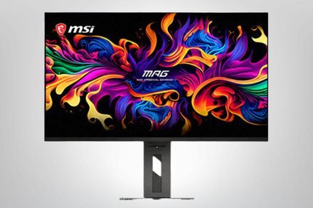 The MSI MPG OLED 322URDX36 triple mode gaming monitor is displayed at Computex 2026.