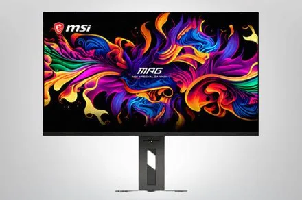 The MSI MPG OLED 322URDX36 triple mode gaming monitor is displayed at Computex 2026.