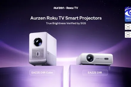 The Aurzen Roku TV projector displays a movie scene in a modern living room.