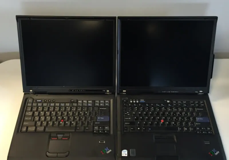 The screenshot displays the Windows System Properties window on an IBM ThinkPad T43 running a legacy operating system.
