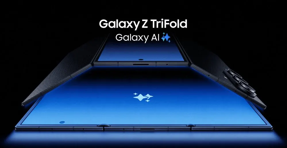The Samsung Galaxy Z TriFold smartphone is displayed in its folded configuration.