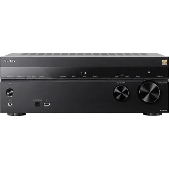 A modern home theater receiver displays its front control panel and input ports.