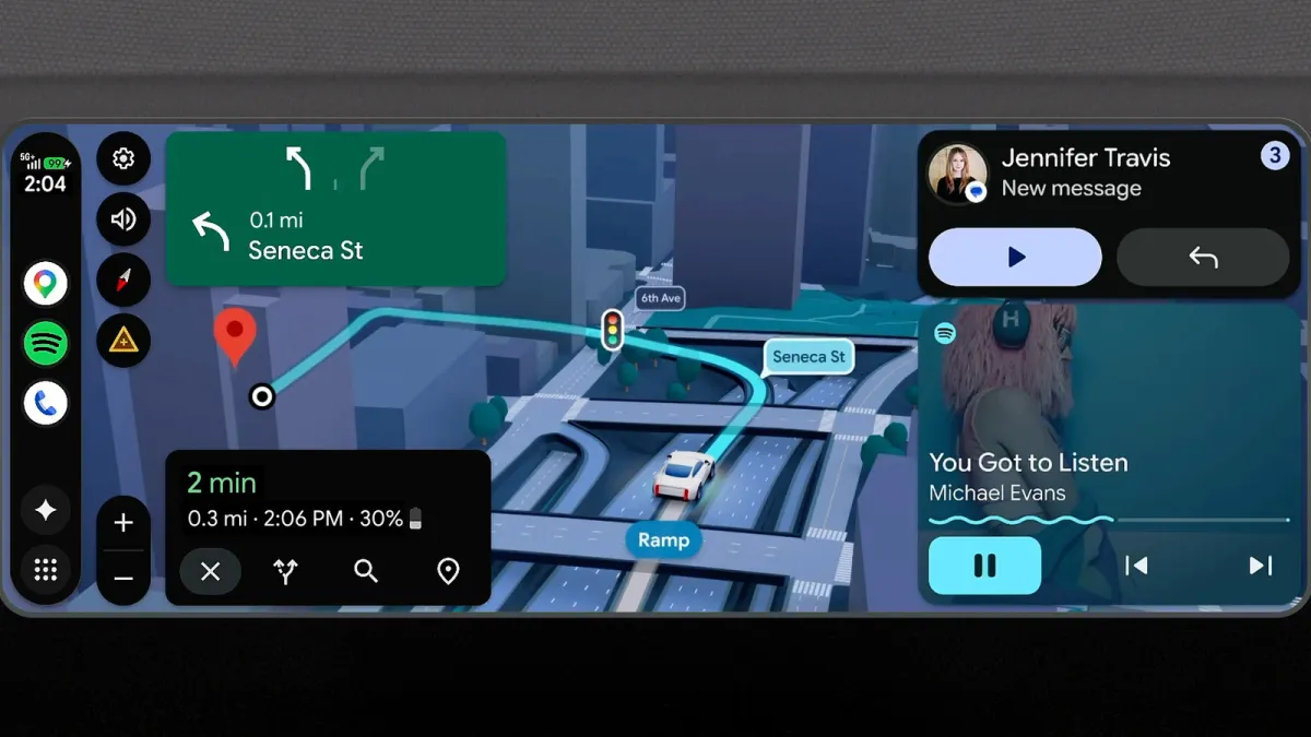 Car dashboard screen displaying the redesigned Android Auto interface with adaptive navigation and media controls.
