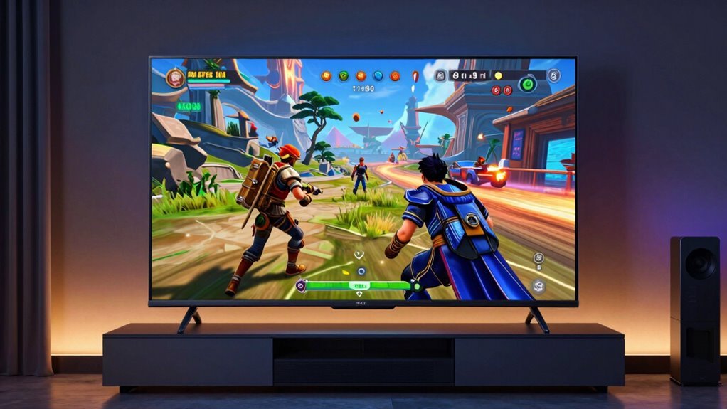A gaming television is integrated into a contemporary living room entertainment setup.