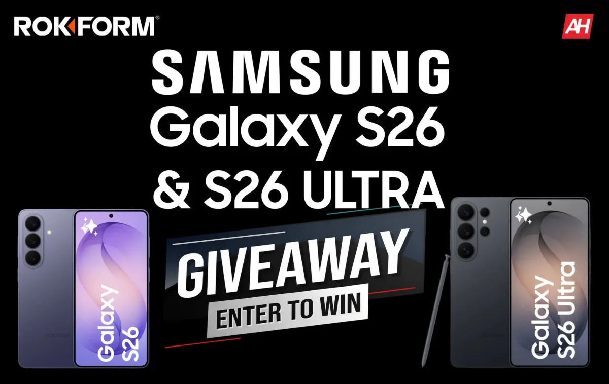 The Samsung Galaxy S26 smartphone is displayed alongside promotional sweepstakes materials.