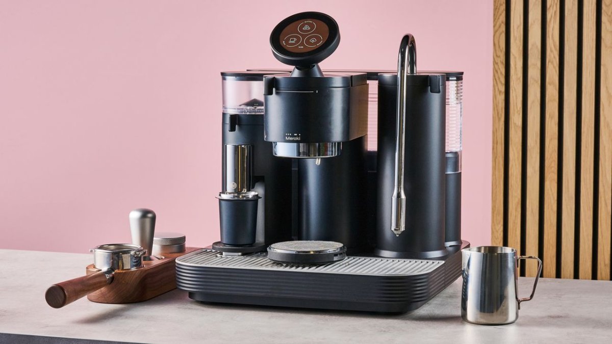 Meraki Gen 2 espresso machine features dual boiler, rotary pump, integrated scales, and temperature-sensing steam wand.