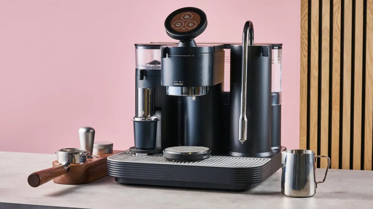 Meraki Gen 2 espresso machine features dual boiler, rotary pump, integrated scales, and temperature-sensing steam wand.