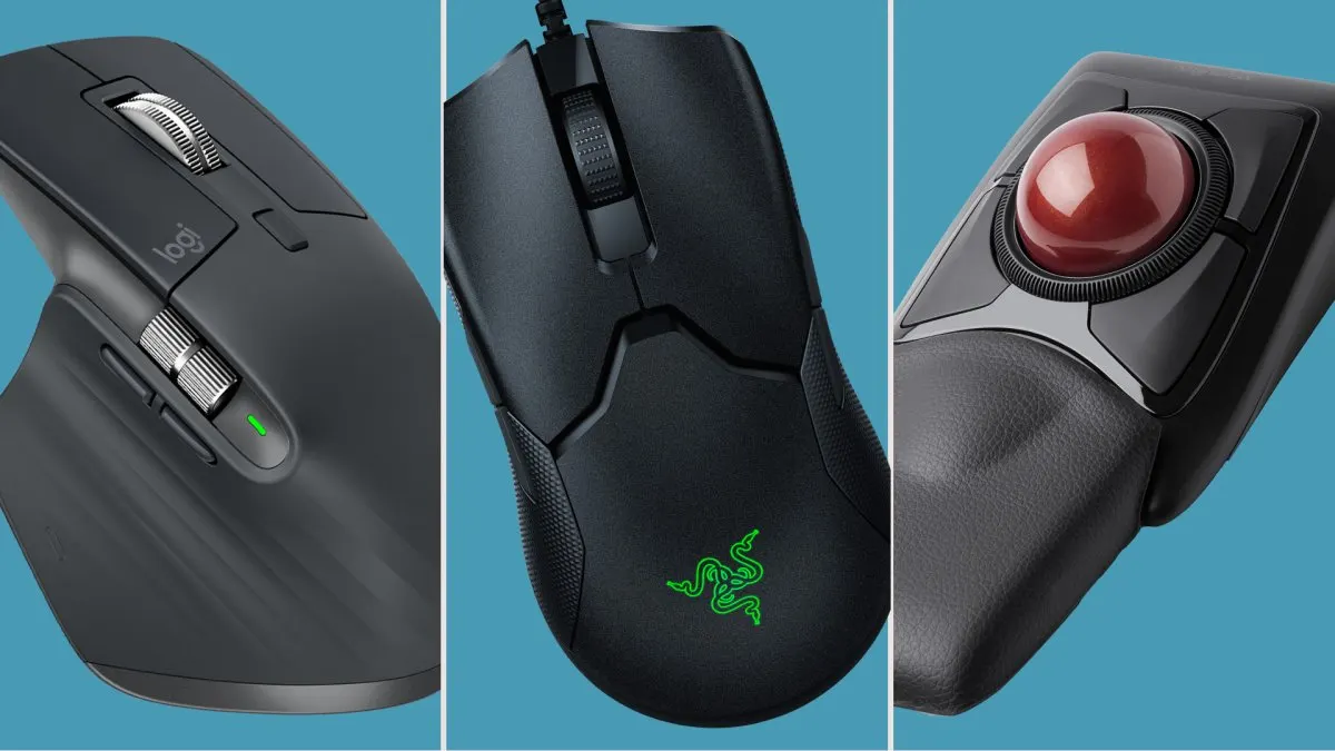 Various computer mice on a desk, including ergonomic vertical models, gaming mice, and wireless devices.
