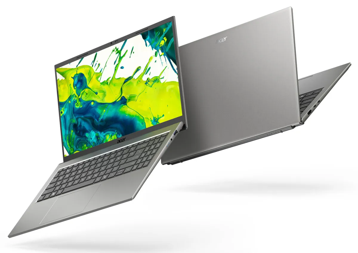The display features the Acer Swift Spin 14 AI and Aspire Go 15 laptops powered by Qualcomm Snapdragon X2 processors.