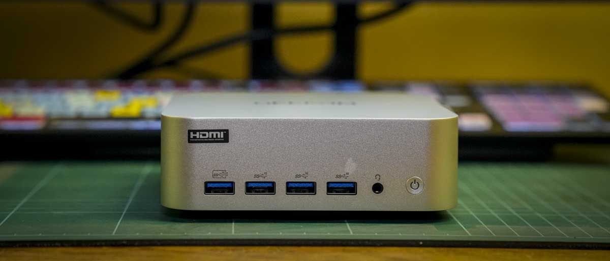 Front view of the compact Geekom A9 Max mini PC.