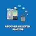 A computer screen displays photo recovery software scanning a drive for deleted image files.
