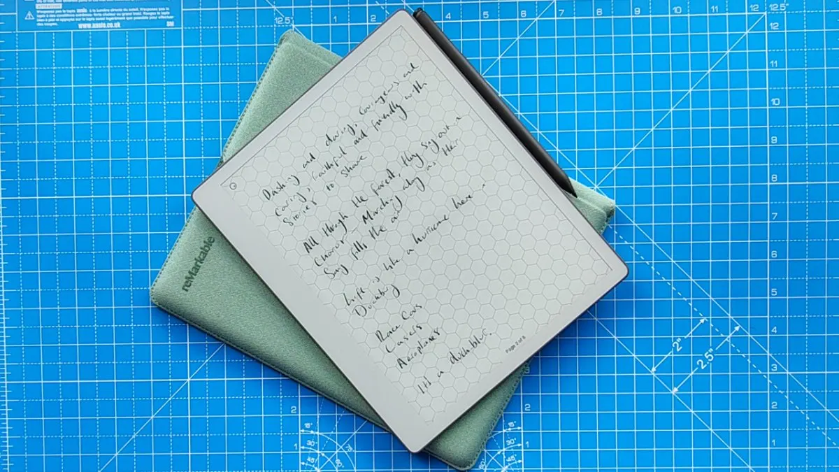 The reMarkable Paper Pure tablet displays a handwritten note on its matte e-ink screen.