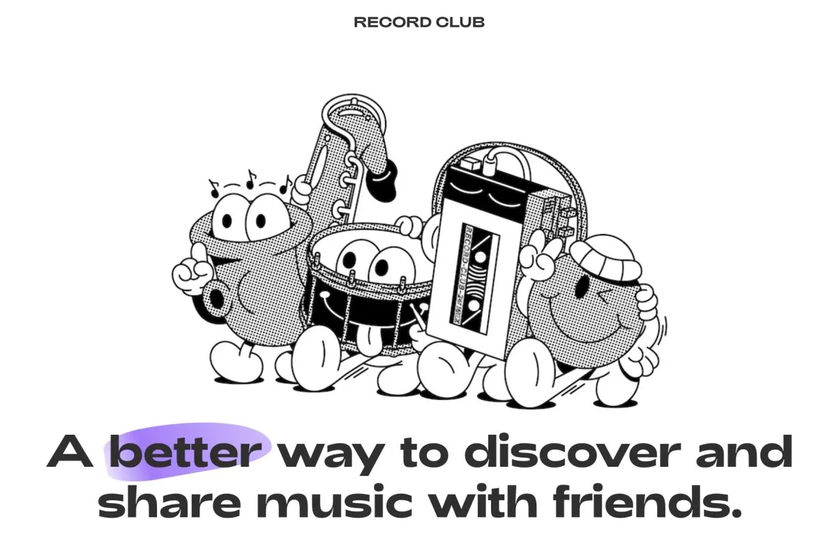 The Record Club interface displays a customizable music listening queue and a user cataloging dashboard.