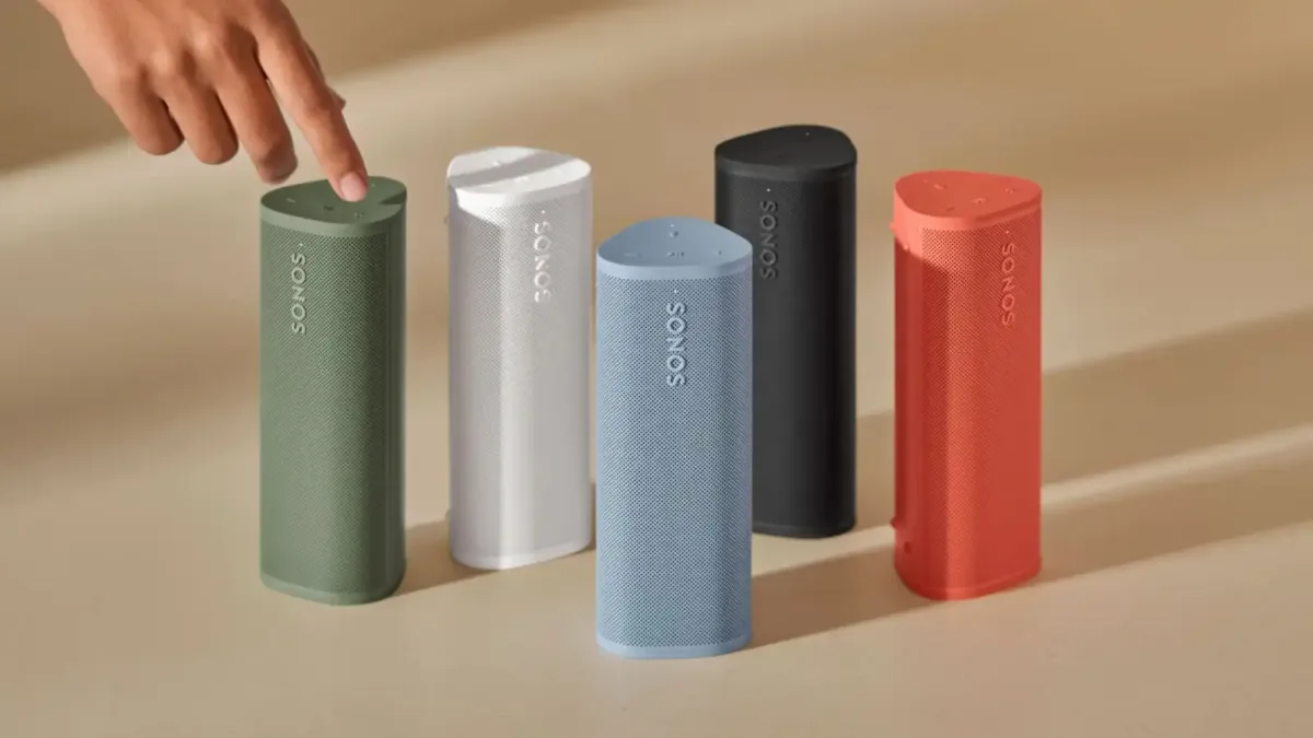 Sonos Roam 2 portable wireless speaker shown from the front with its fabric grille and charging port
