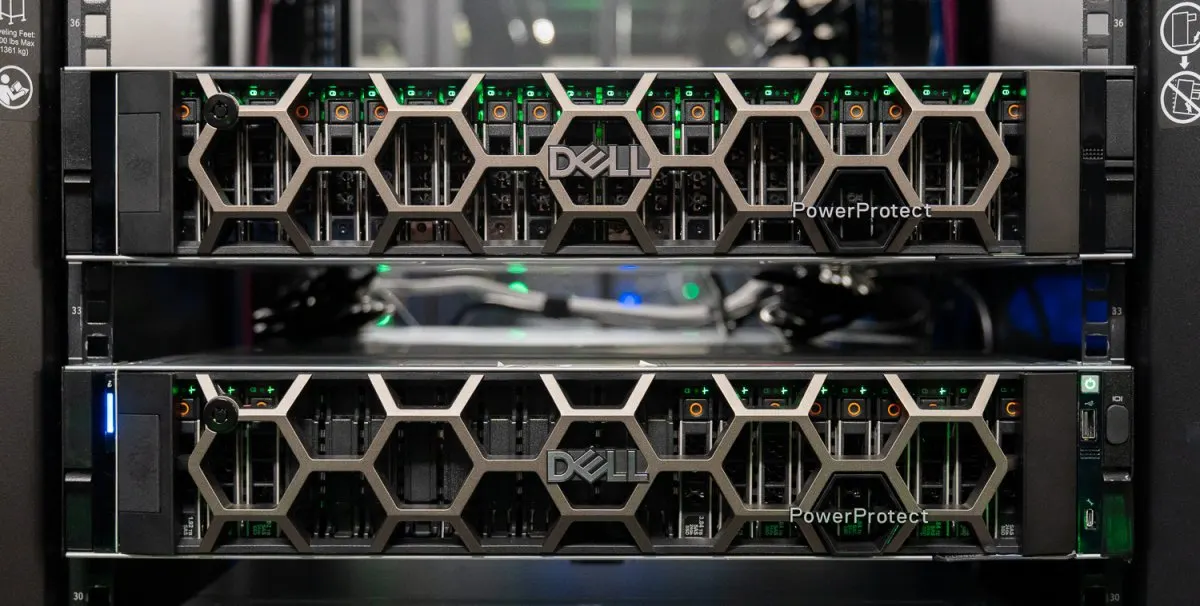 The Dell PowerProtect Data Domain all-flash appliance displays a front panel with network ports and status indicators.