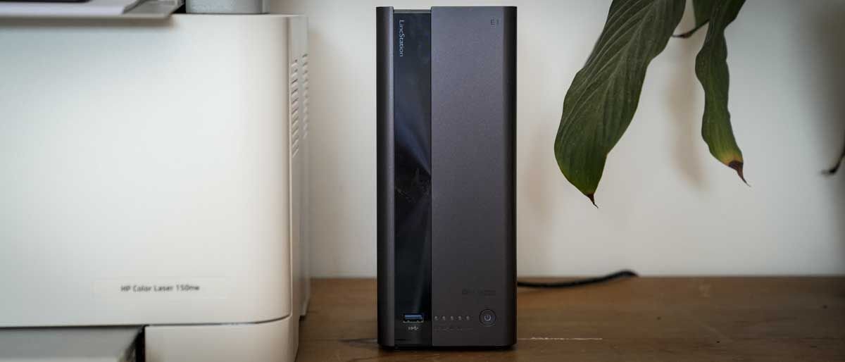 The compact LincStation E1 NAS device features dual drive bays and built-in dual-band Wi-Fi.