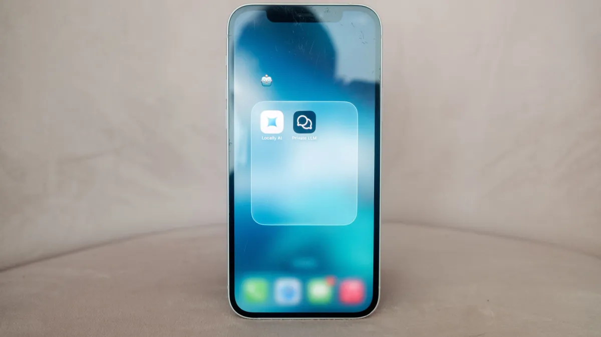 An iPhone displays a local AI chatbot application running offline to protect user privacy.