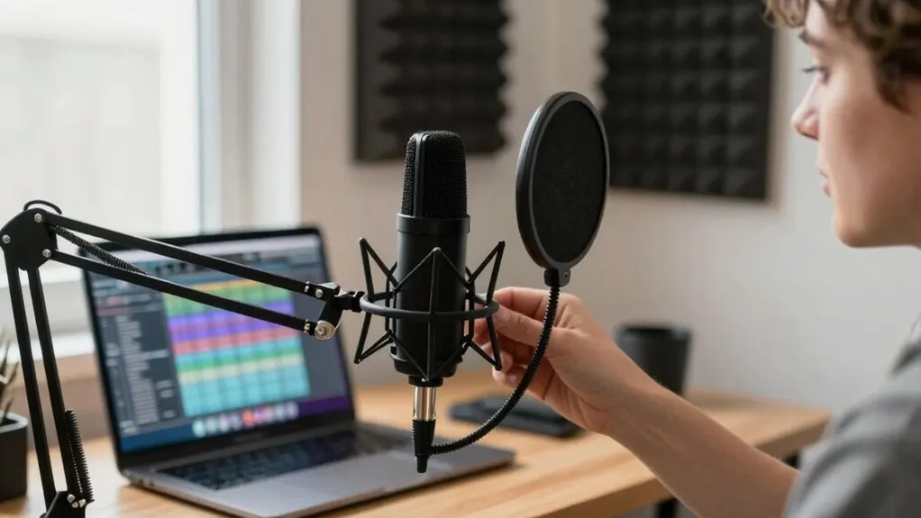 A condenser microphone rests on a desk near acoustic treatment panels.